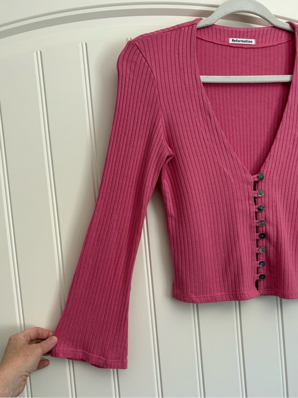 Reformation Gellar Ribbed Knit Crop long sleeve cardigan bright Pink size medium - Picture 5 of 7